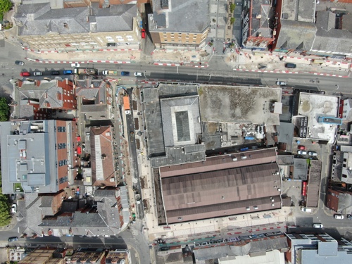 A drone shot from above of Market, King and Eastbank Street. It shows the pavement complete on Market Street, on the Market Side of King Street and along Eastbank Street.