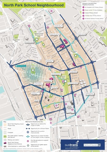 A map of the area around North Park in Bootle. It marks out primary schools in the area, key walking routes and the canal and landmarks and parks. There are speech bubbles for comments by children, like too much dog much or they like to play there.