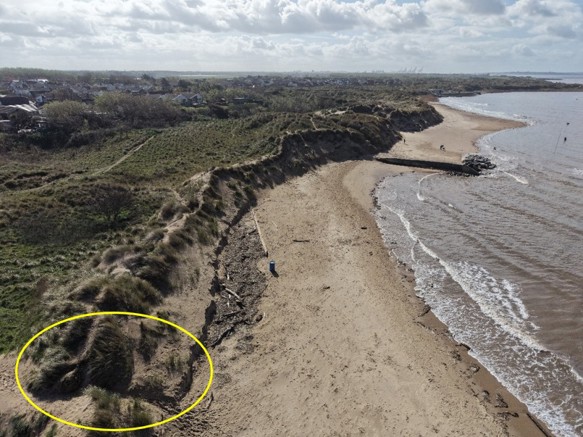 Photo taken after Storm Dave showing the erosion to the narrow dune ridge and the low flat land behind the ridge, with an area circled showing a thin part of the dune.