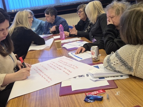 Small group work talking about social care assessments