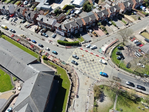 an aerial view of Southport Eastern Access Phase 1 progress, Norwood Road and Sussex Road junction - April 2025