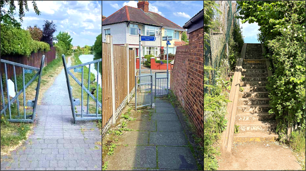 Three photos of paths blocked with a metal chicane, a metal gate, and steps, demonstrating barriers on paths in Sefton.